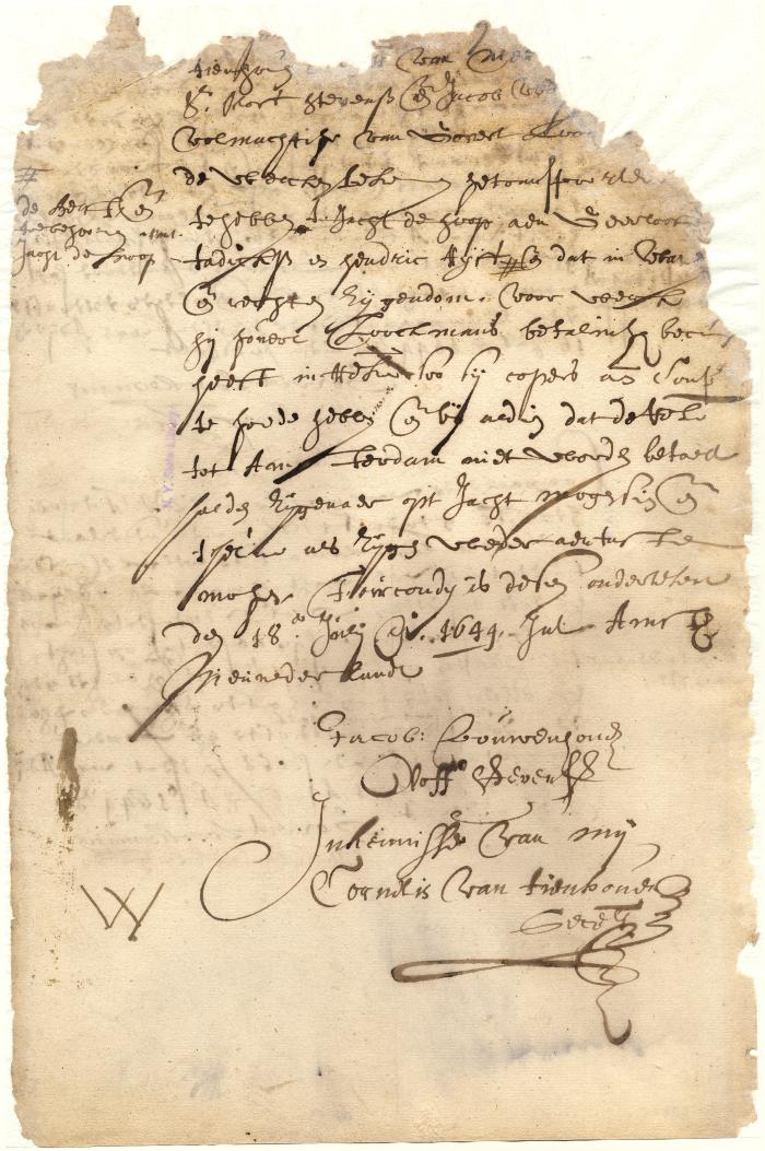 Bill of sale from Oloff Stevensen and Jacob Wolphertsen, agents of Govert Loockemans, to Geerloff Tadicksen and Menrdric Ryff of a half interest in the yacht De Hoop