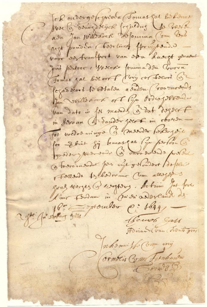 Note of Thomas Hall to John Willcox for the transfer of his servant man, Joris Pentoor