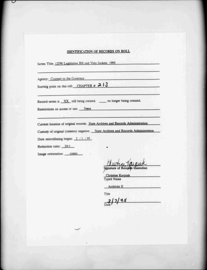NYS Bill and Veto Jackets: 1993, Chapter 213