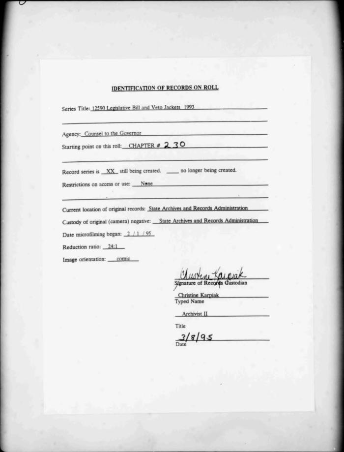 NYS Bill and Veto Jackets: 1993, Chapter 230