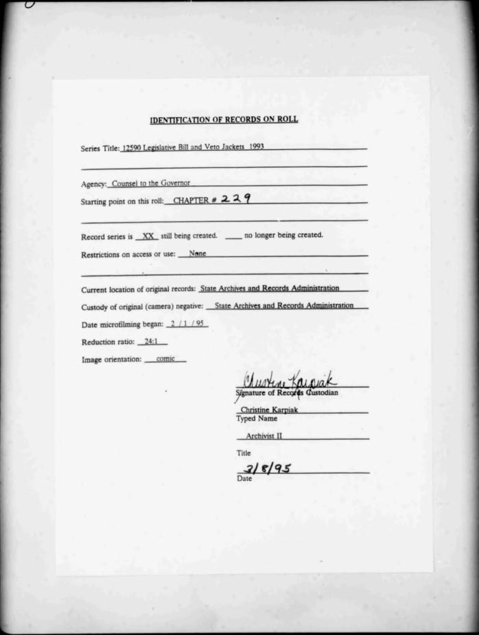 NYS Bill and Veto Jackets: 1993, Chapter 229