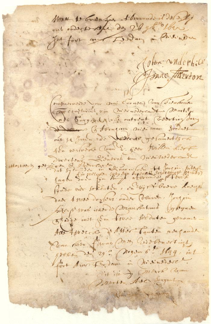 Declaration of Marten Ael and Abraham Newman that Jochem Pietersen Kuyter had gone to Manhattan with two soldiers when his house was burned