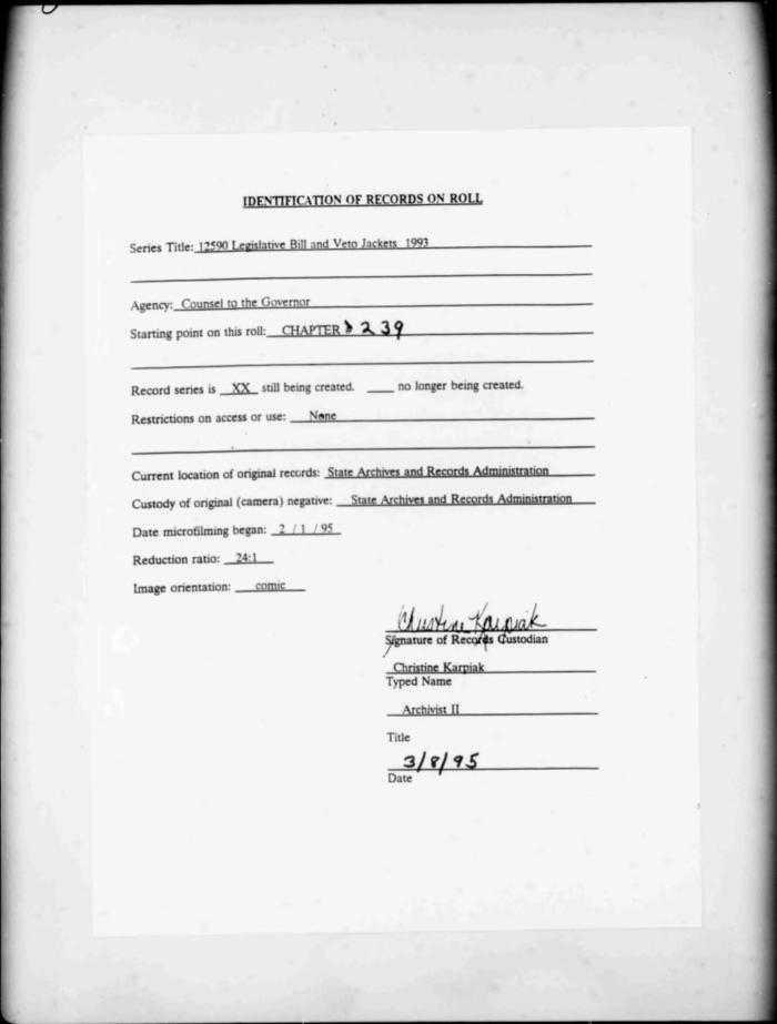 NYS Bill and Veto Jackets: 1993, Chapter 239
