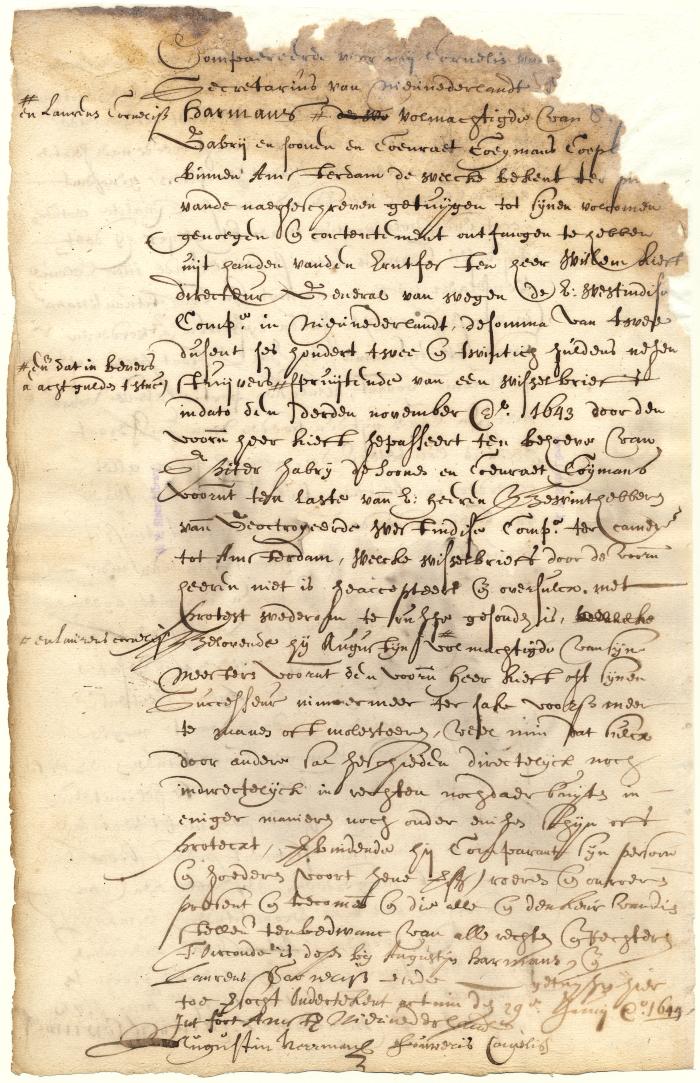 Receipt of Augustin Herrmans and Laurens Cornelissen, agents for Pieter Gabri and sons and Coenraet Coymans, for moneys paid them by Director Kieft
