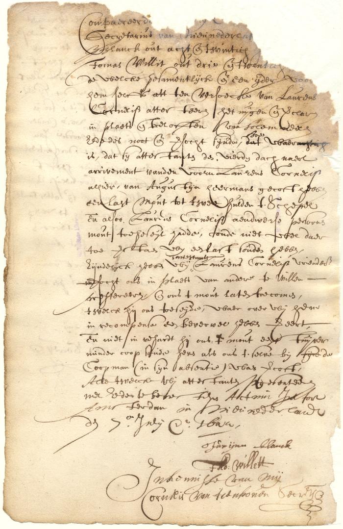 Declaration of Juriaen Blanck and Thomas Willett respecting the purchase of malt from Laurens Cornelissen