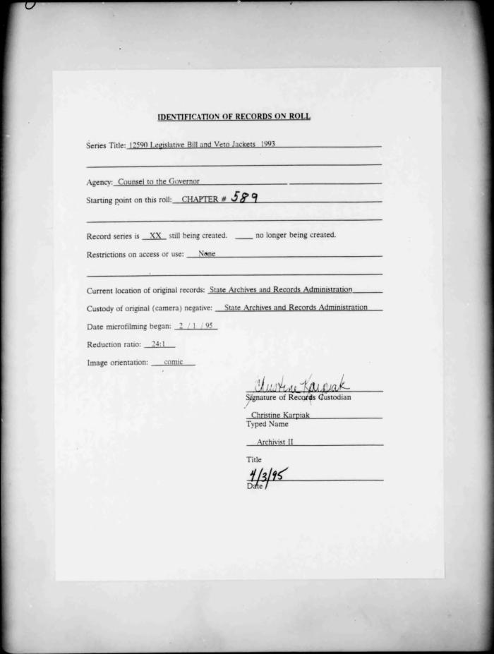 NYS Bill and Veto Jackets: 1993, Chapter 589