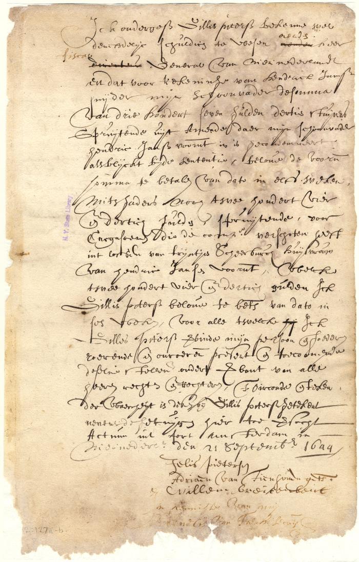 Bond of Gillis Pietersen for the payment of a fine imposed on Hendrick Jansen and the ransom of the latter's wife
