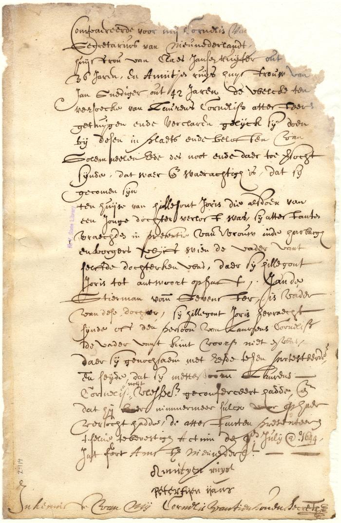 Declaration of Pieterje Jans and Annetje Ruys that Hillegont Joris denied that Laurens Cornelissen was the father of her child