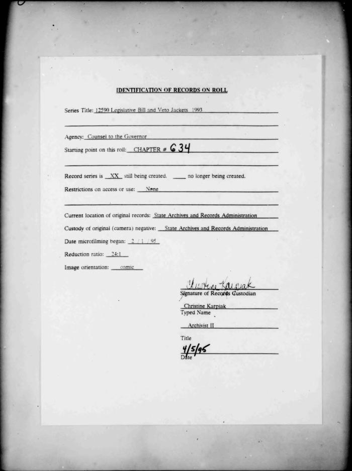 NYS Bill and Veto Jackets: 1993, Chapter 634