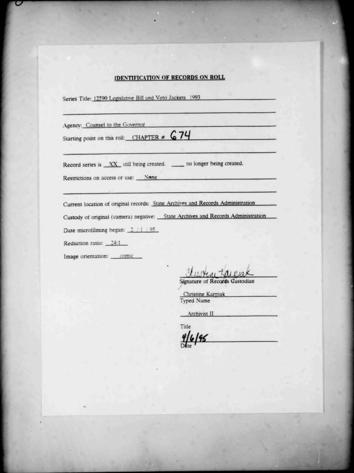 NYS Bill and Veto Jackets: 1993, Chapter 674