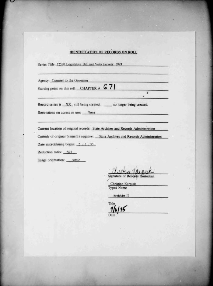 NYS Bill and Veto Jackets: 1993, Chapter 671