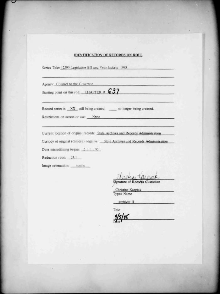 NYS Bill and Veto Jackets: 1993, Chapter 637