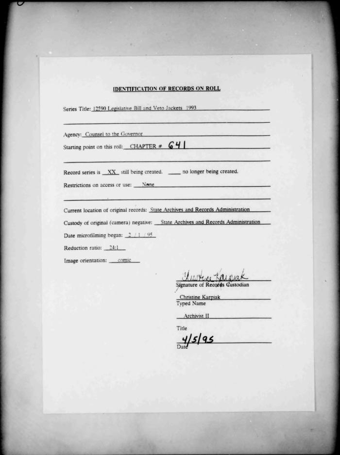NYS Bill and Veto Jackets: 1993, Chapter 641