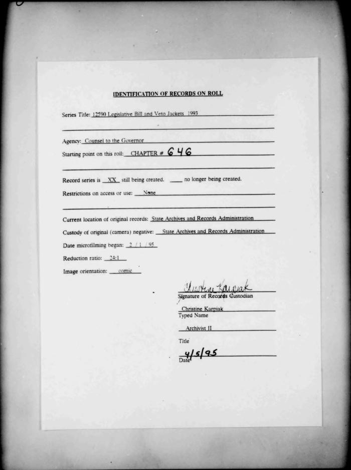 NYS Bill and Veto Jackets: 1993, Chapter 646