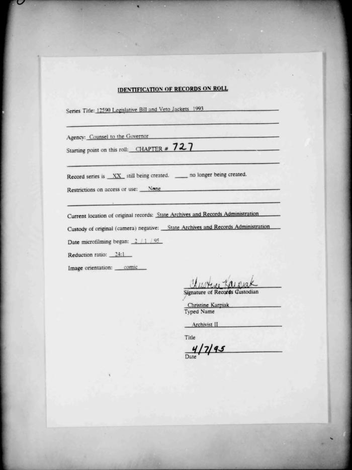 NYS Bill and Veto Jackets: 1993, Chapter 727