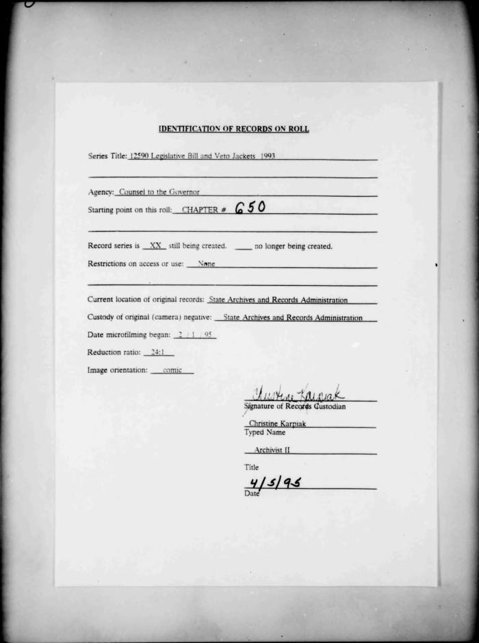 NYS Bill and Veto Jackets: 1993, Chapter 650