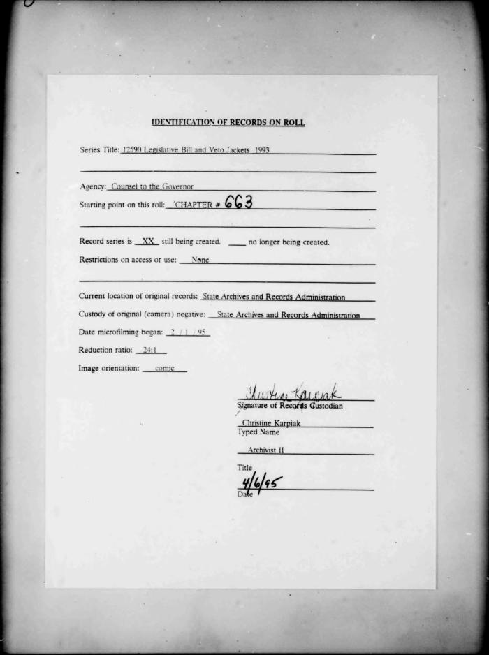 NYS Bill and Veto Jackets: 1993, Chapter 663