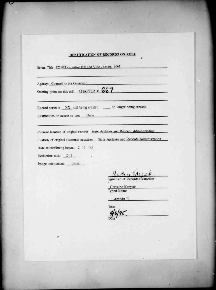 NYS Bill and Veto Jackets: 1993, Chapter 667