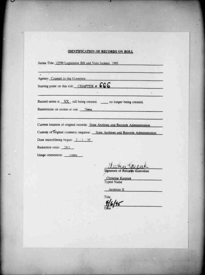 NYS Bill and Veto Jackets: 1993, Chapter 666