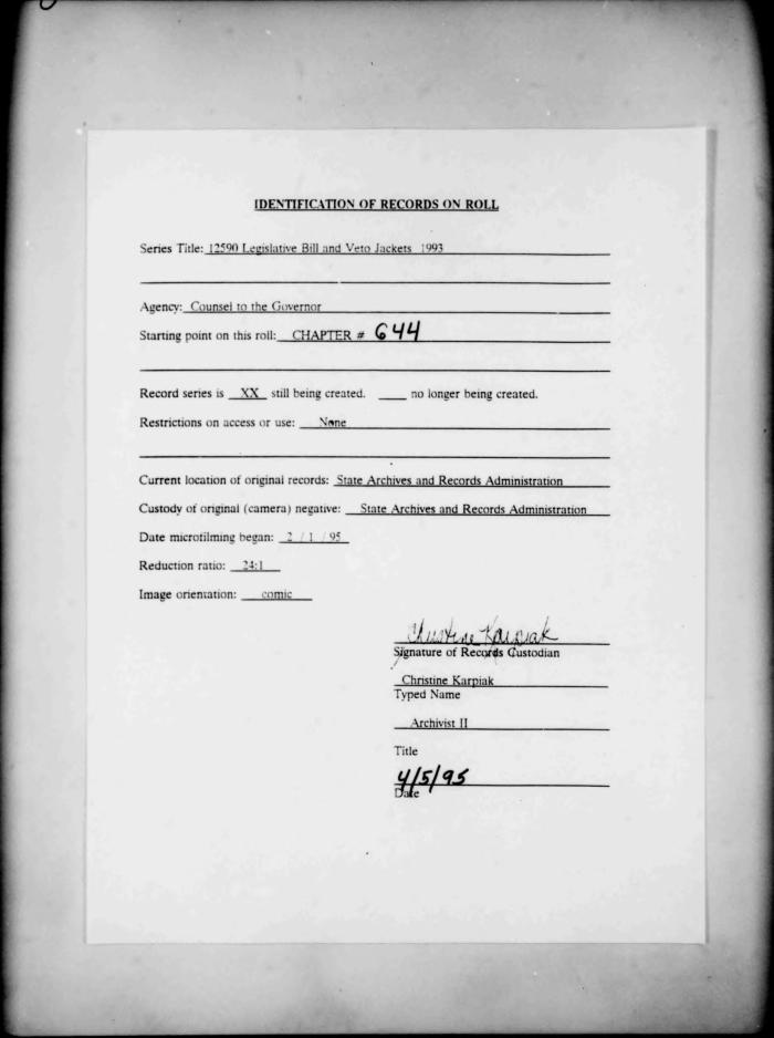 NYS Bill and Veto Jackets: 1993, Chapter 644