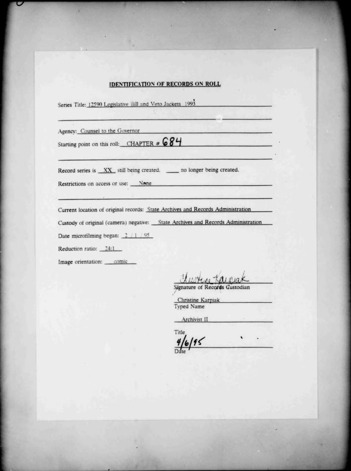 NYS Bill and Veto Jackets: 1993, Chapter 684