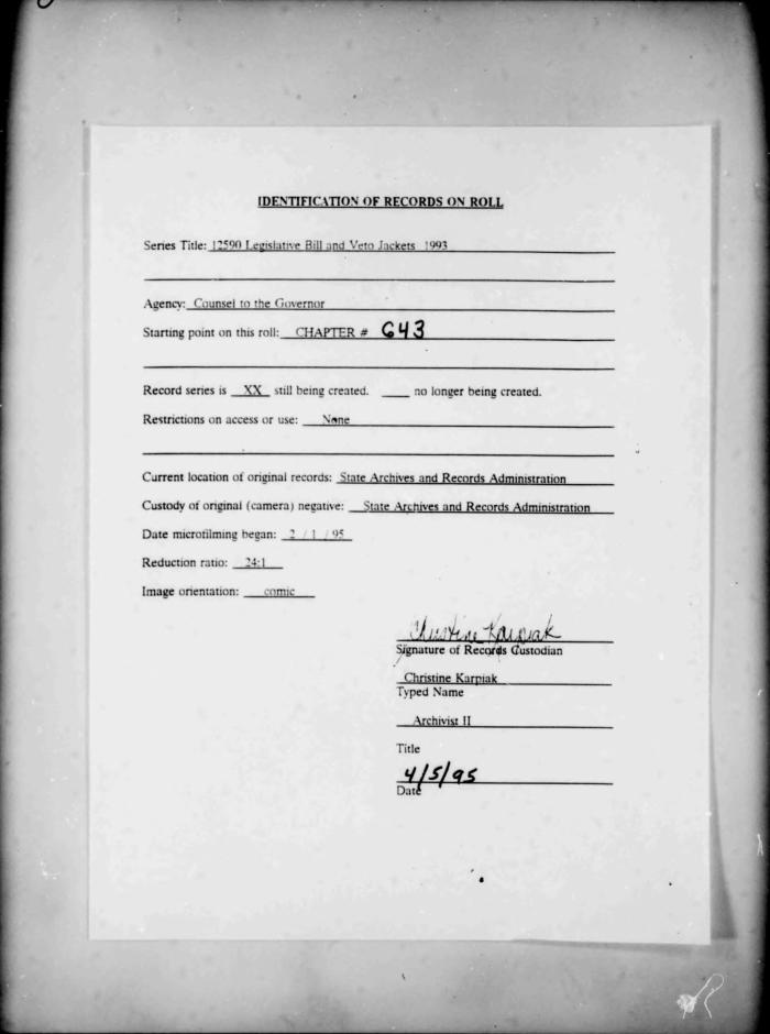 NYS Bill and Veto Jackets: 1993, Chapter 643