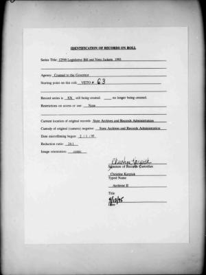 NYS Bill and Veto Jackets: 1993, Veto 63