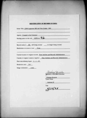 NYS Bill and Veto Jackets: 1993, Veto 92