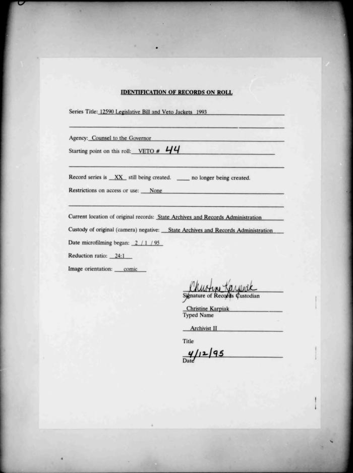 NYS Bill and Veto Jackets: 1993, Veto 44