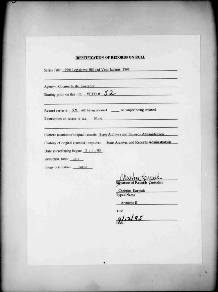 NYS Bill and Veto Jackets: 1993, Veto 52