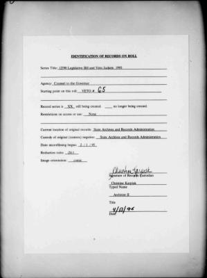 NYS Bill and Veto Jackets: 1993, Veto 65