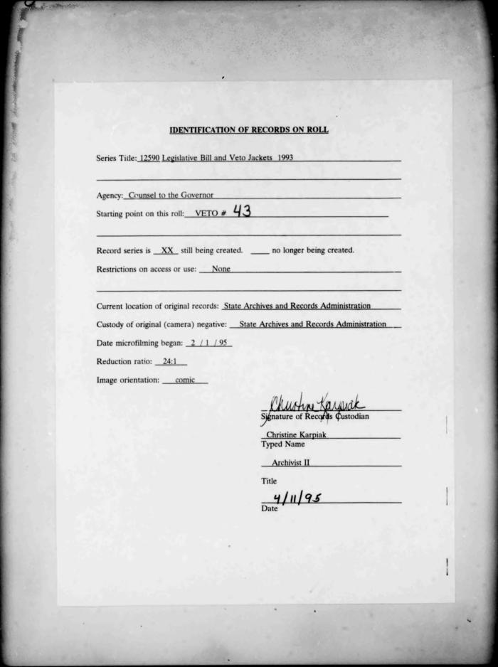 NYS Bill and Veto Jackets: 1993, Veto 43