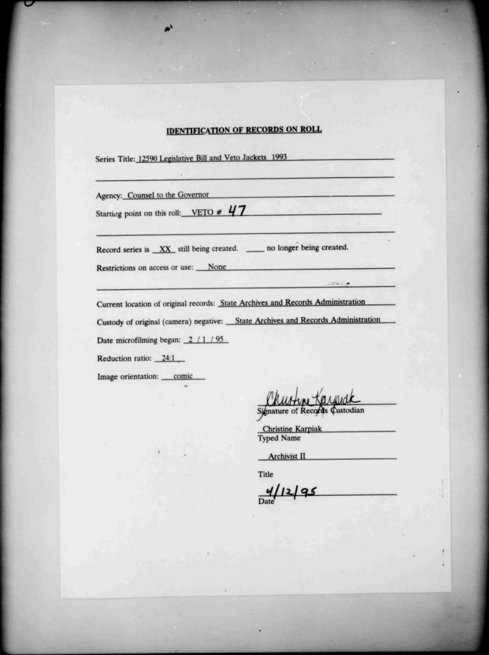 NYS Bill and Veto Jackets: 1993, Veto 47