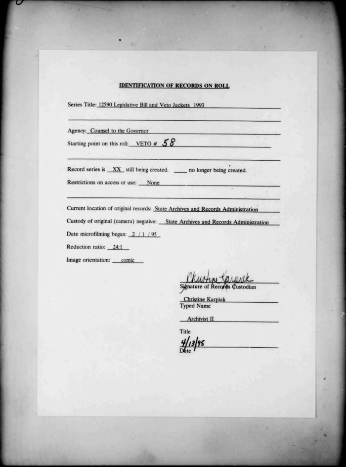 NYS Bill and Veto Jackets: 1993, Veto 58