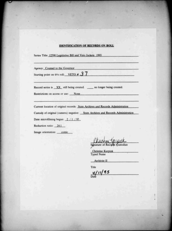 NYS Bill and Veto Jackets: 1993, Veto 37