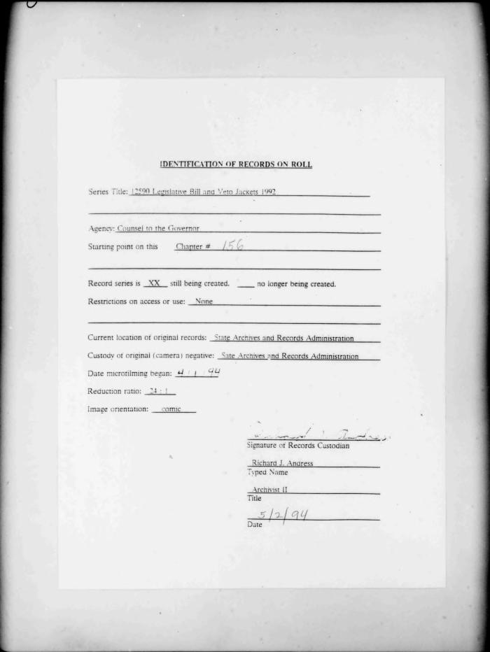 NYS Bill and Veto Jackets: 1992, Chapter 156