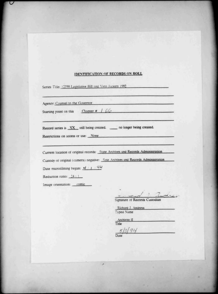 NYS Bill and Veto Jackets: 1992, Chapter 166