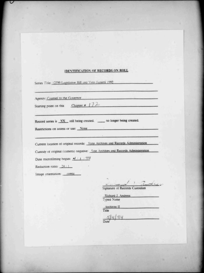 NYS Bill and Veto Jackets: 1992, Chapter 172