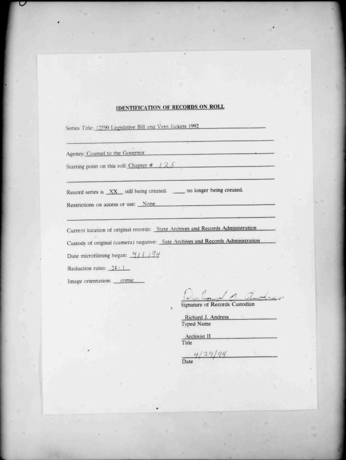 NYS Bill and Veto Jackets: 1992, Chapter 125
