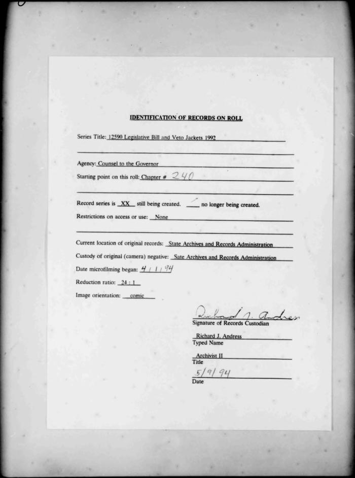 NYS Bill and Veto Jackets: 1992, Chapter 240
