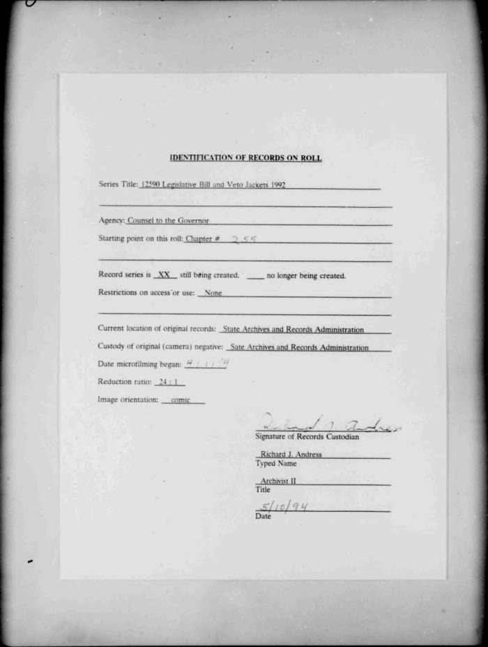 NYS Bill and Veto Jackets: 1992, Chapter 255
