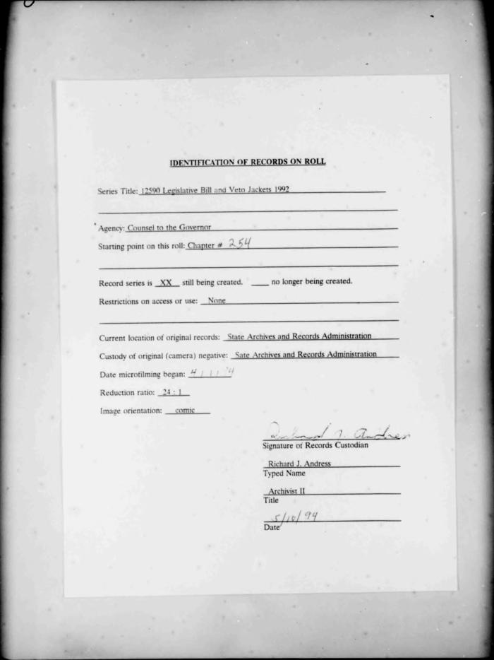 NYS Bill and Veto Jackets: 1992, Chapter 254