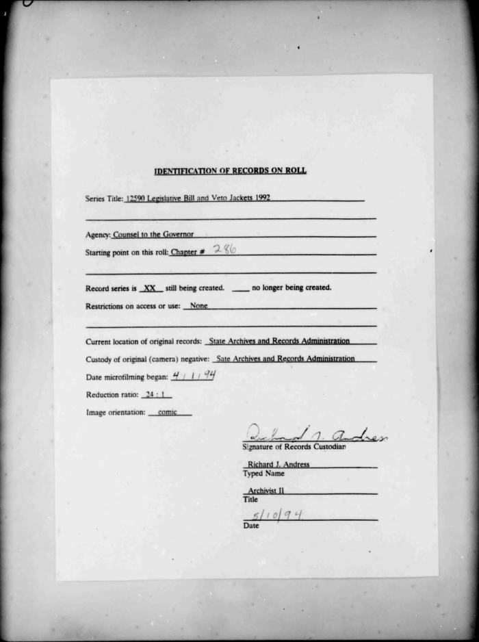 NYS Bill and Veto Jackets: 1992, Chapter 286