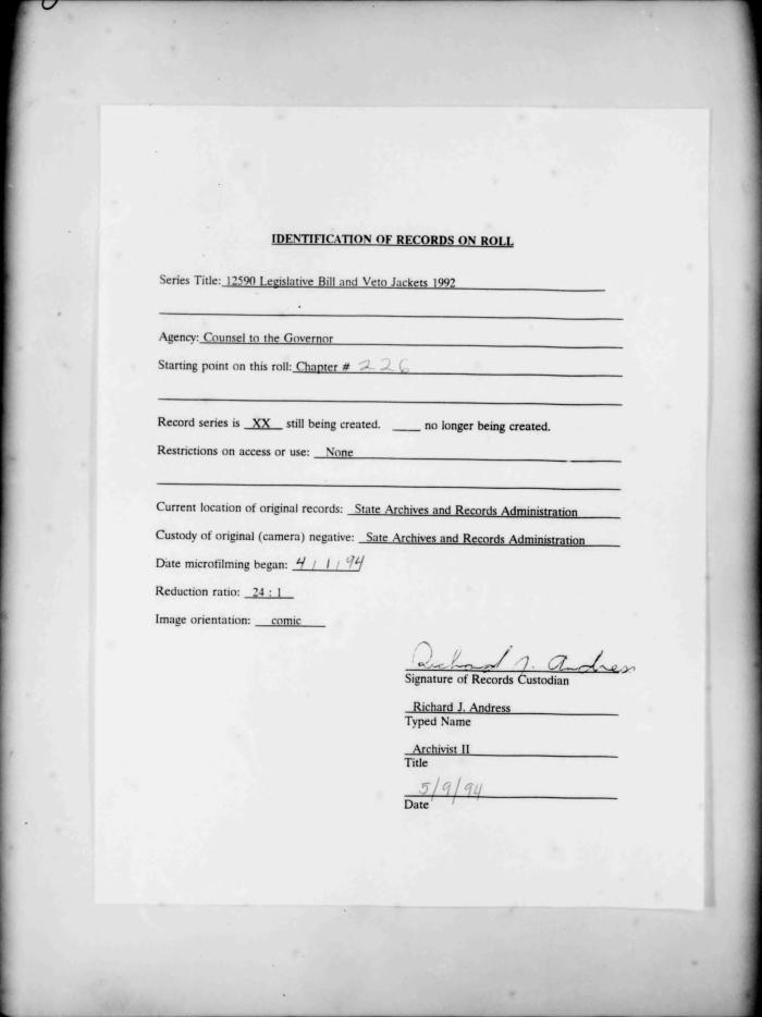 NYS Bill and Veto Jackets: 1992, Chapter 226