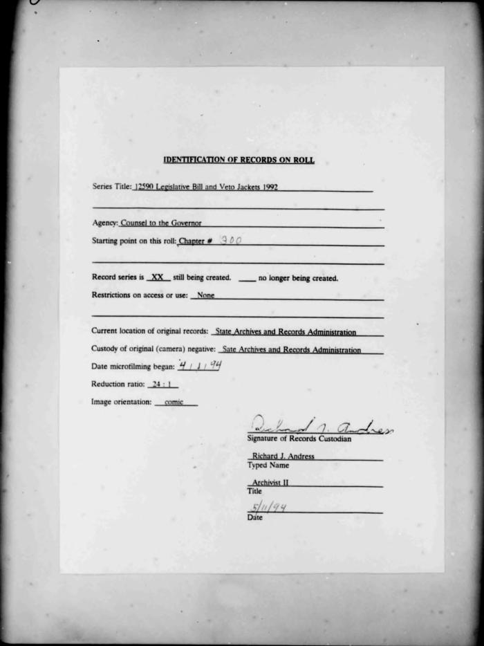 NYS Bill and Veto Jackets: 1992, Chapter 300