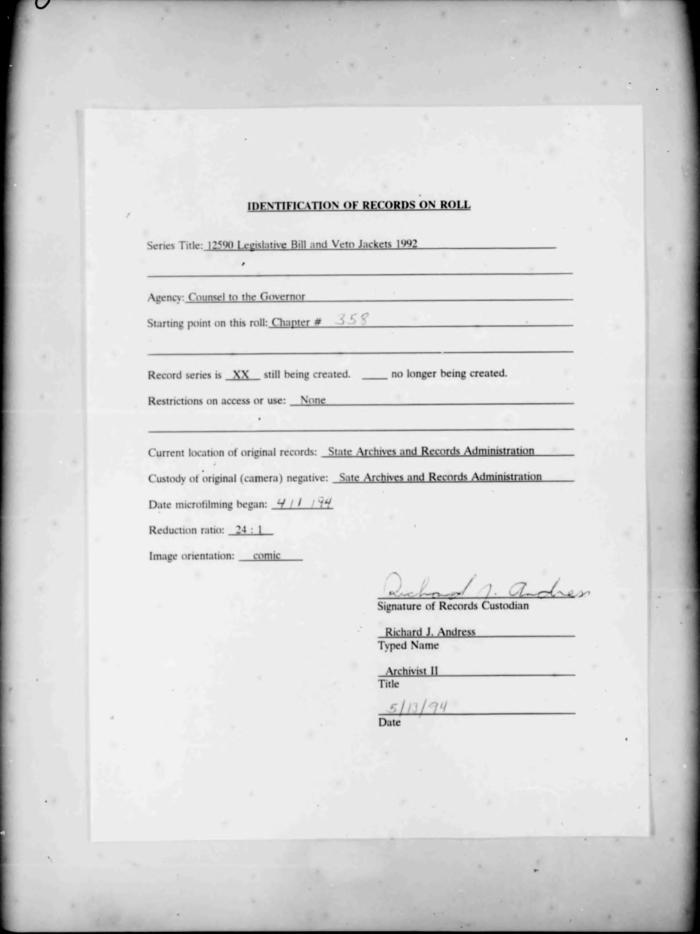 NYS Bill and Veto Jackets: 1992, Chapter 358