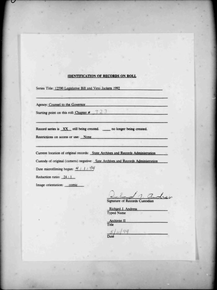 NYS Bill and Veto Jackets: 1992, Chapter 323