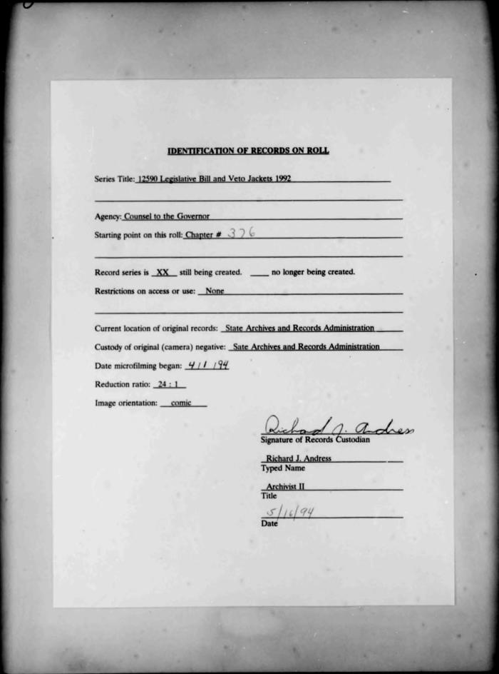 NYS Bill and Veto Jackets: 1992, Chapter 376