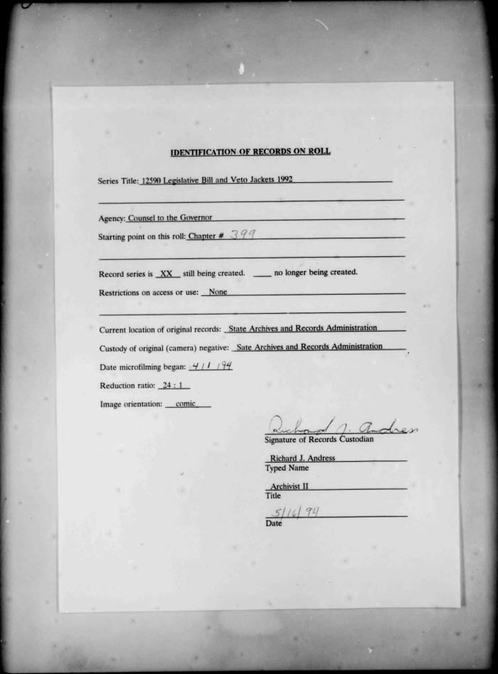 NYS Bill and Veto Jackets: 1992, Chapter 399
