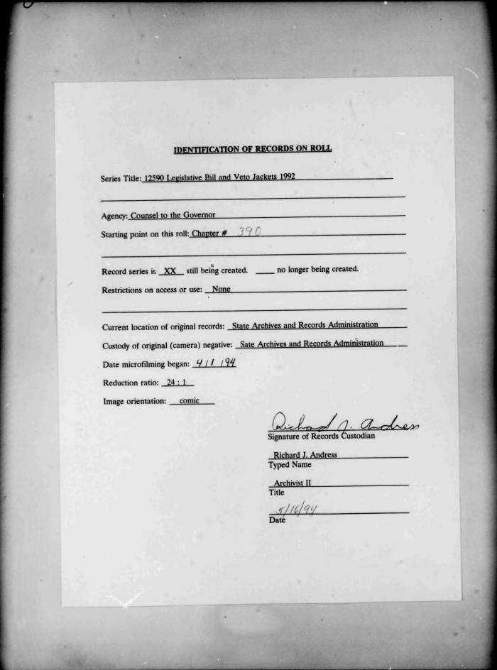 NYS Bill and Veto Jackets: 1992, Chapter 390